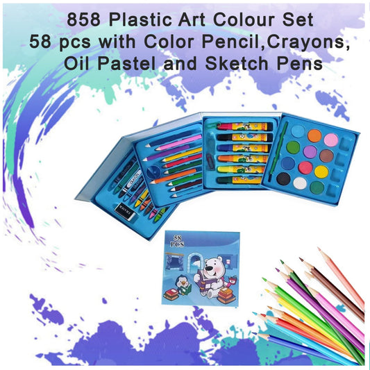 Plastic Art Colour Set 58 pcs with Color Pencil, Crayons, Oil Pastel and Sketch Pens 