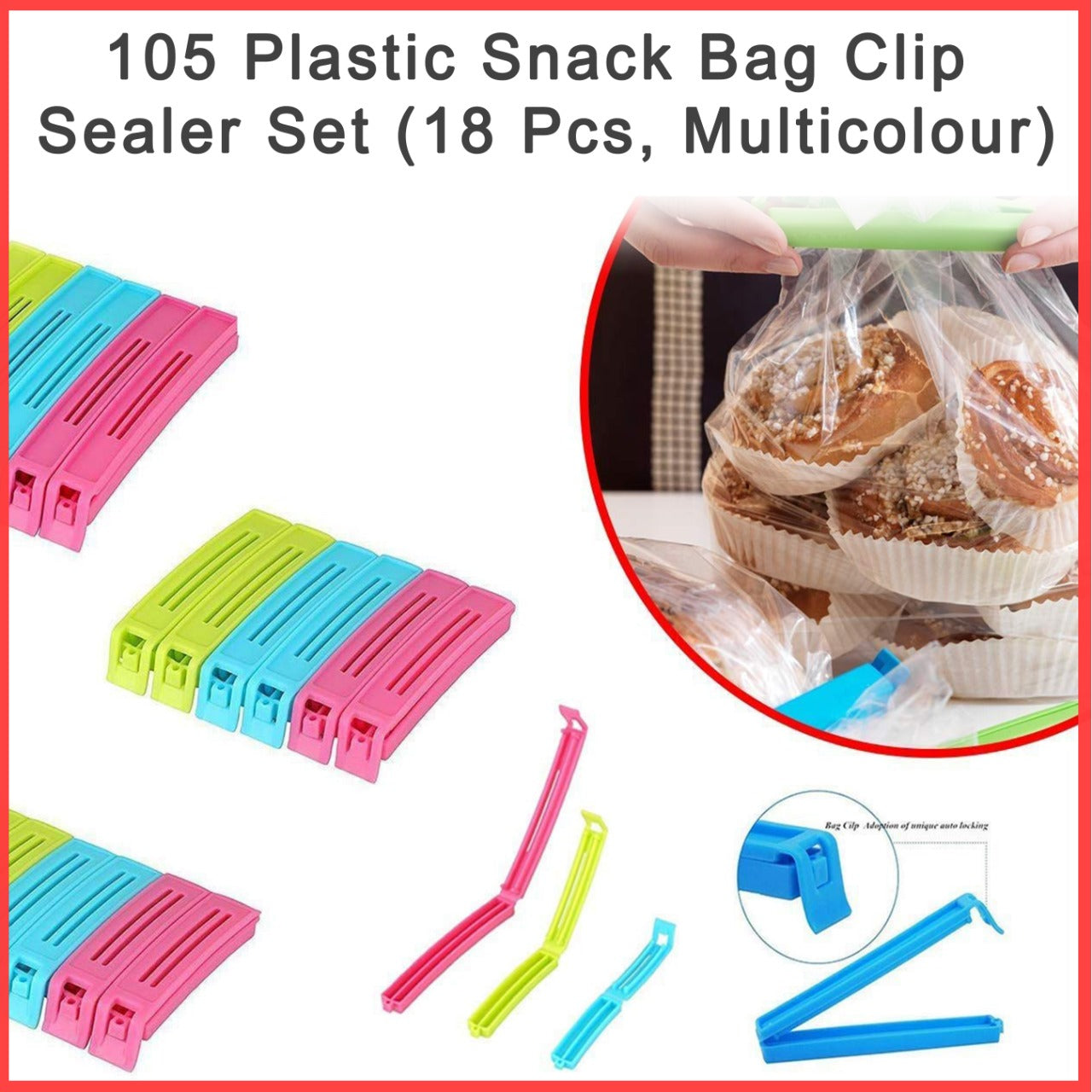 Plastic Snack Bag Clip Sealer Set (18 Pcs, Multicolour) 