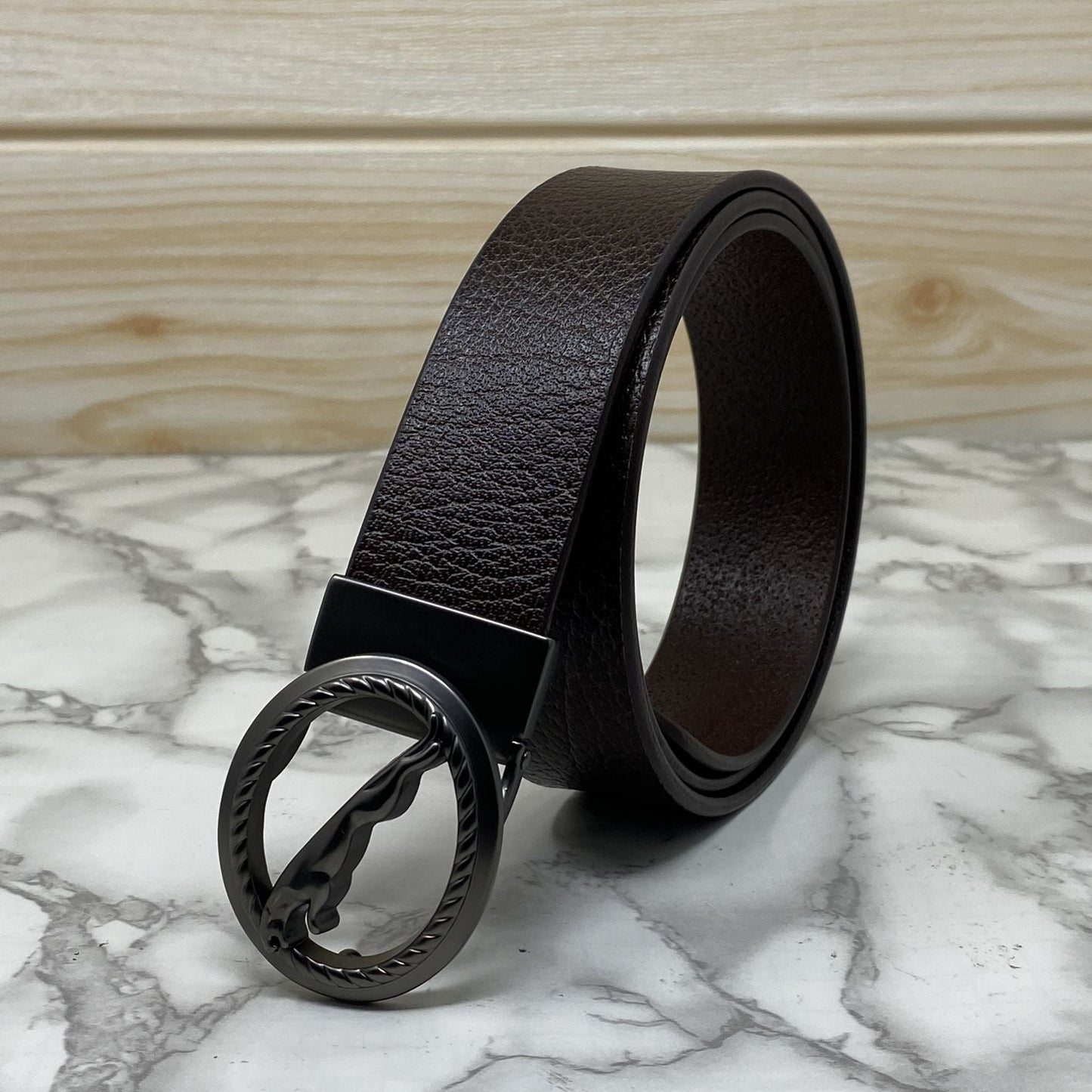 Round Jaguar Metal Buckle With Leather Strap Belt-SunglassesCraft