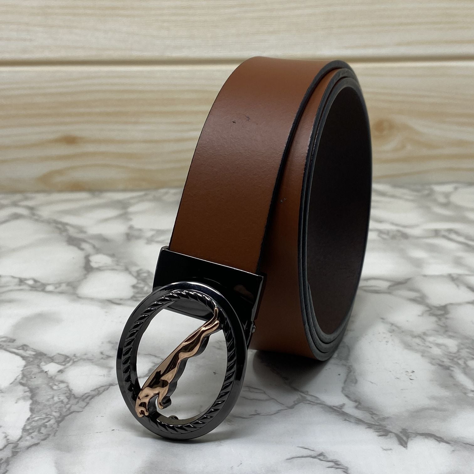 Round Jaguar Metal Buckle With Leather Strap Belt-SunglassesCraft