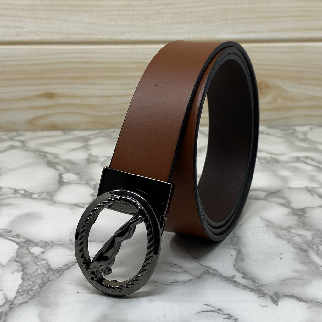 Round Jaguar Metal Buckle With Leather Strap Belt-SunglassesCraft