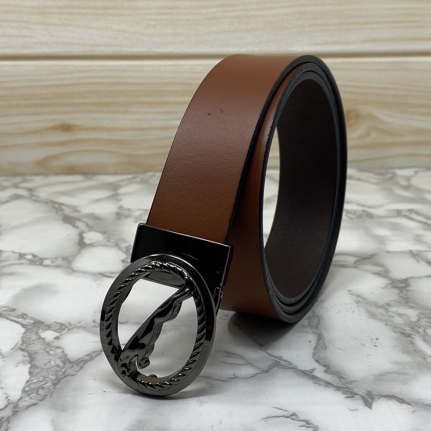 Round Jaguar Metal Buckle With Leather Strap Belt-SunglassesCraft