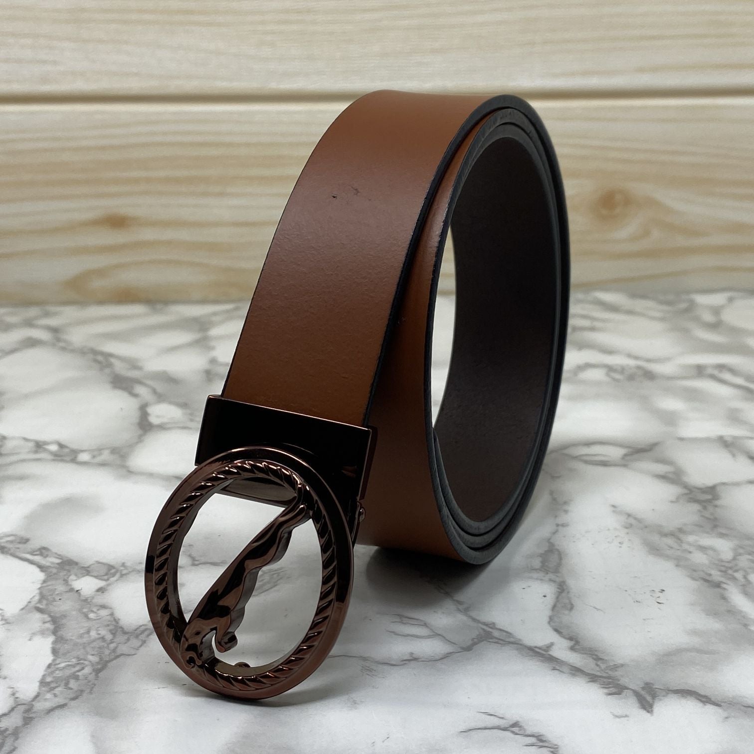 Round Jaguar Metal Buckle With Leather Strap Belt-SunglassesCraft