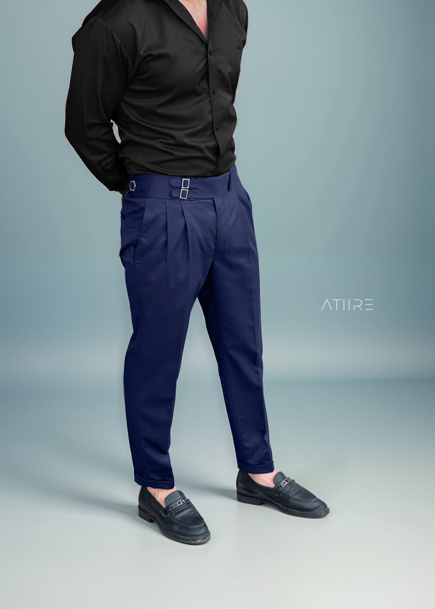 NAVY BLUE DOUBLE PLEATED BUCKLE GURKHA PANTS BY ATIIRE