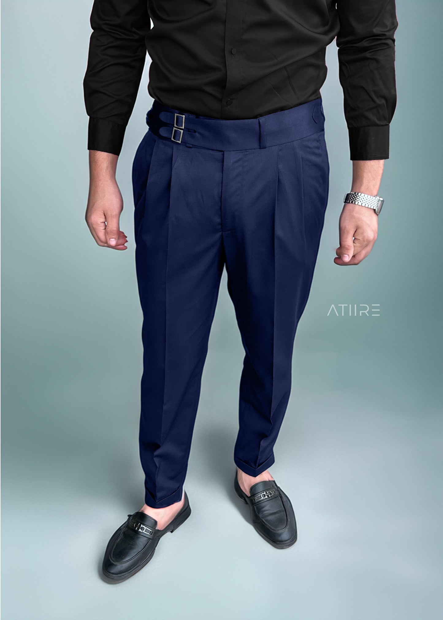 NAVY BLUE DOUBLE PLEATED BUCKLE GURKHA PANTS BY ATIIRE