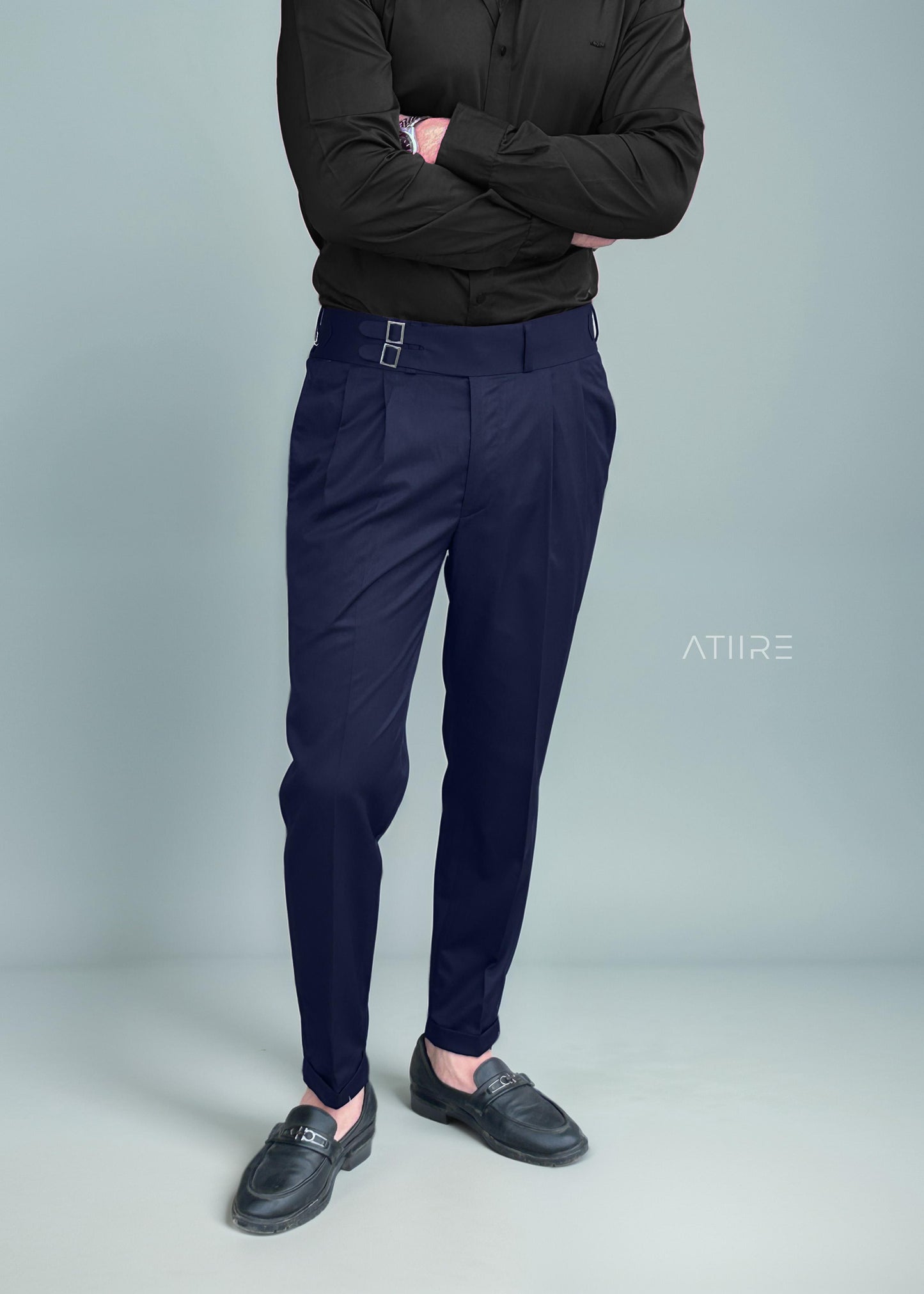 NAVY BLUE DOUBLE PLEATED BUCKLE GURKHA PANTS BY ATIIRE
