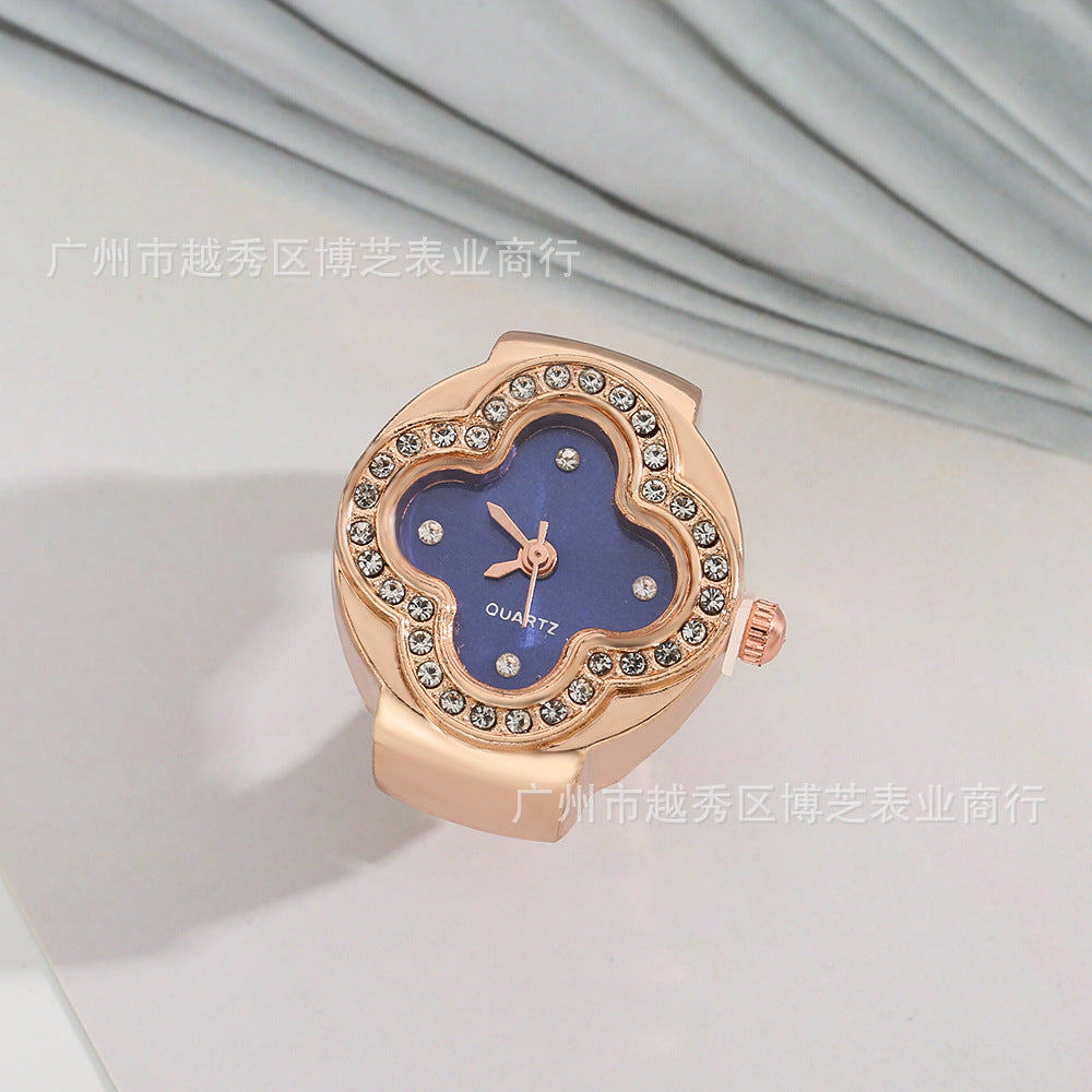 Luxury Four-Leaf Clover Ring Watch – Diamond Quartz Finger Watch
