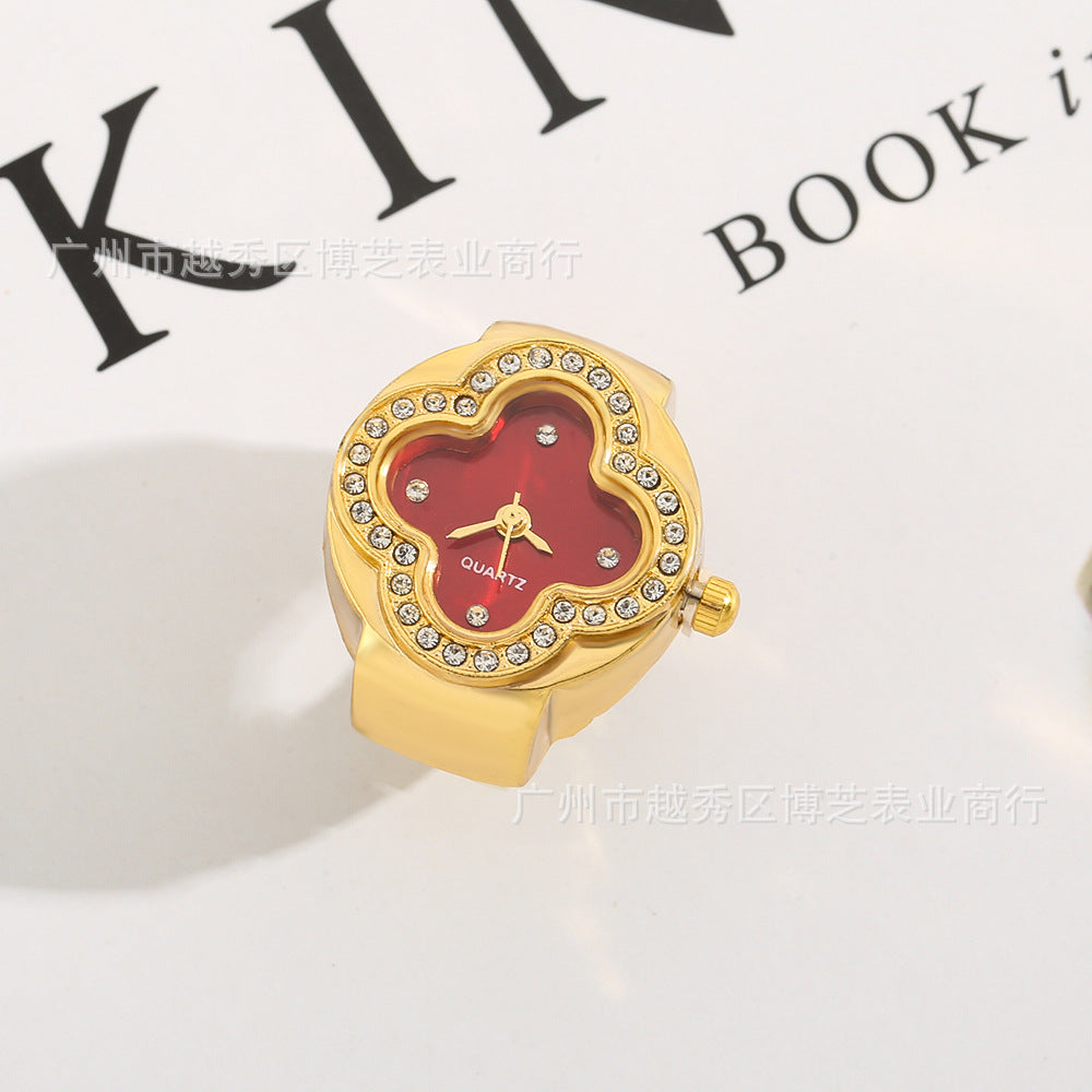 Luxury Four-Leaf Clover Ring Watch – Diamond Quartz Finger Watch