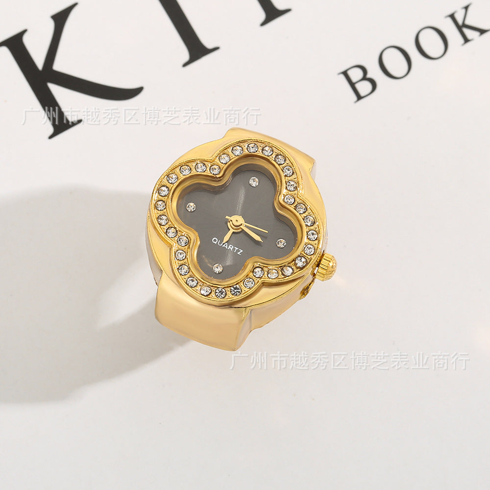 Luxury Four-Leaf Clover Ring Watch – Diamond Quartz Finger Watch
