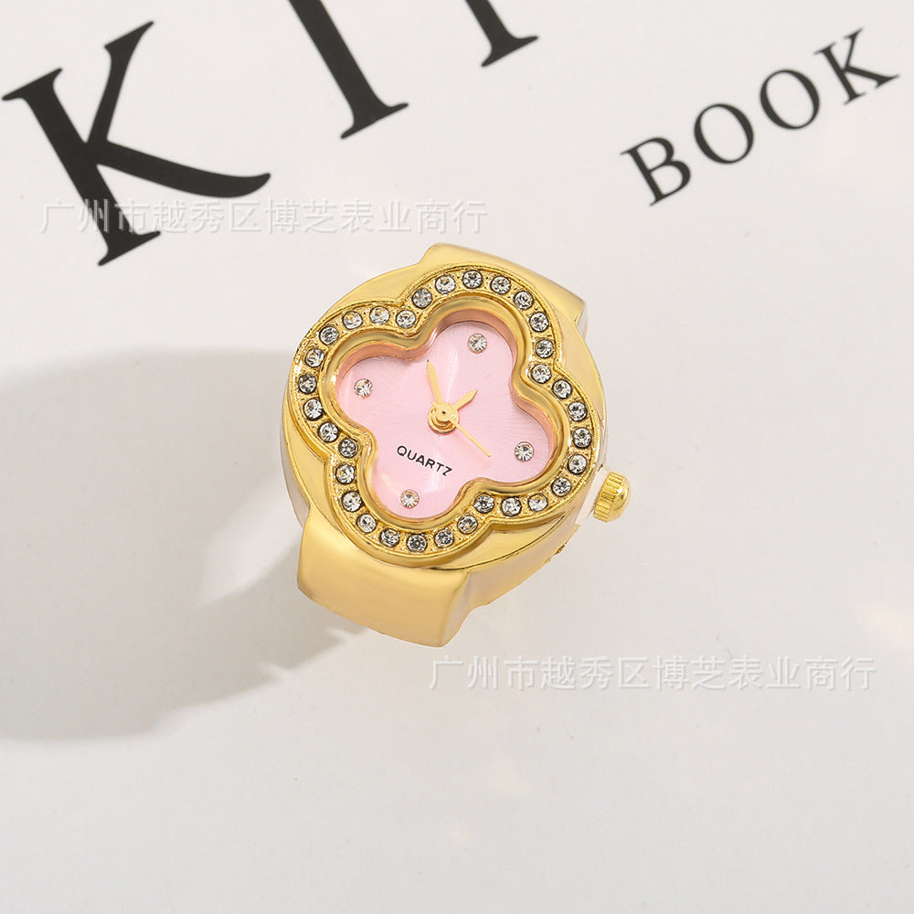 Luxury Four-Leaf Clover Ring Watch – Diamond Quartz Finger Watch