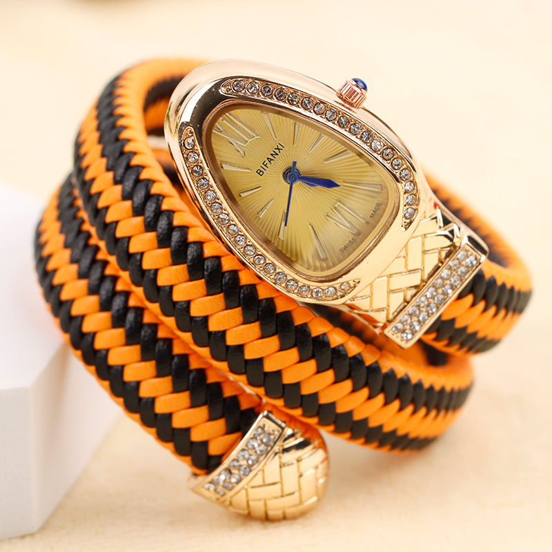 Women's Snake-Inspired Quartz Watch – Braided Leather Strap