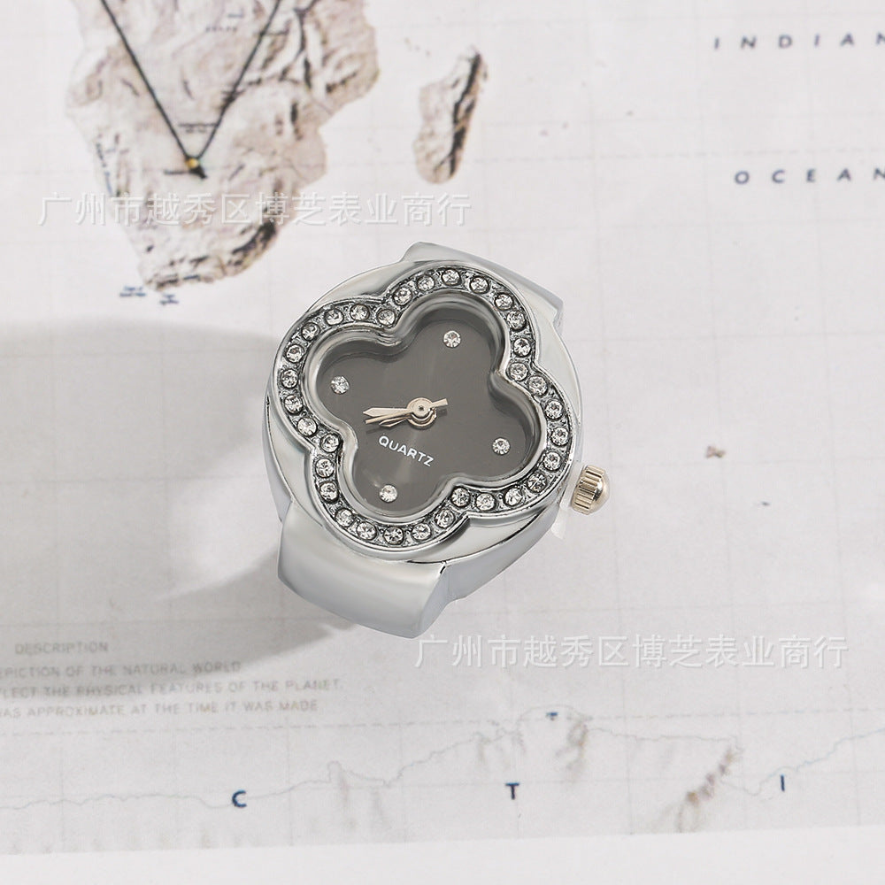 Luxury Four-Leaf Clover Ring Watch – Diamond Quartz Finger Watch