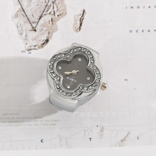 Luxury Four-Leaf Clover Ring Watch – Diamond Quartz Finger Watch