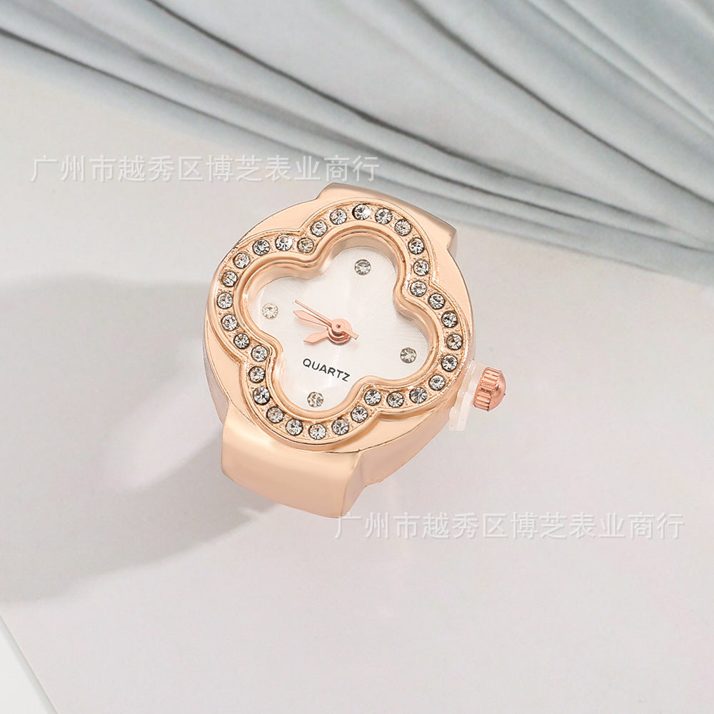 Luxury Four-Leaf Clover Ring Watch – Diamond Quartz Finger Watch