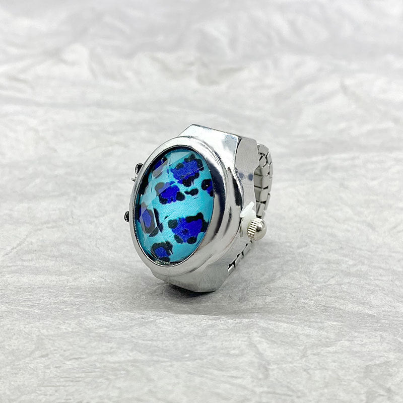 Leopard Print Flip Ring Watch – Retro Gemstone Quartz Finger Watch
