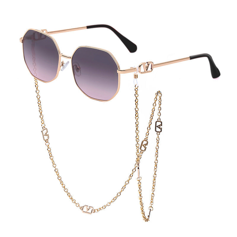 Trendy Women’s Sunglasses with Chain – Stylish Full-Frame Polygonal Shades