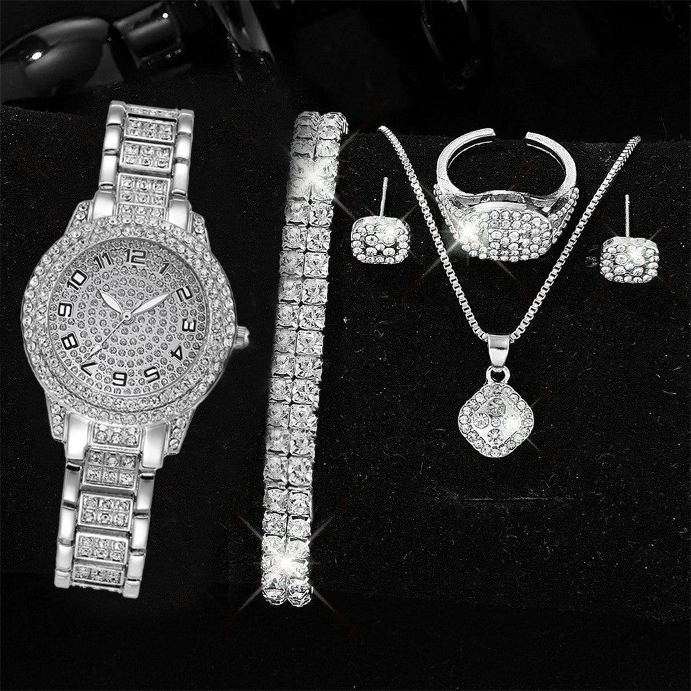 Luxury Full-Diamond Steel Quartz Watch – Roman Numerals, Hip-Hop Style Bracelet Set