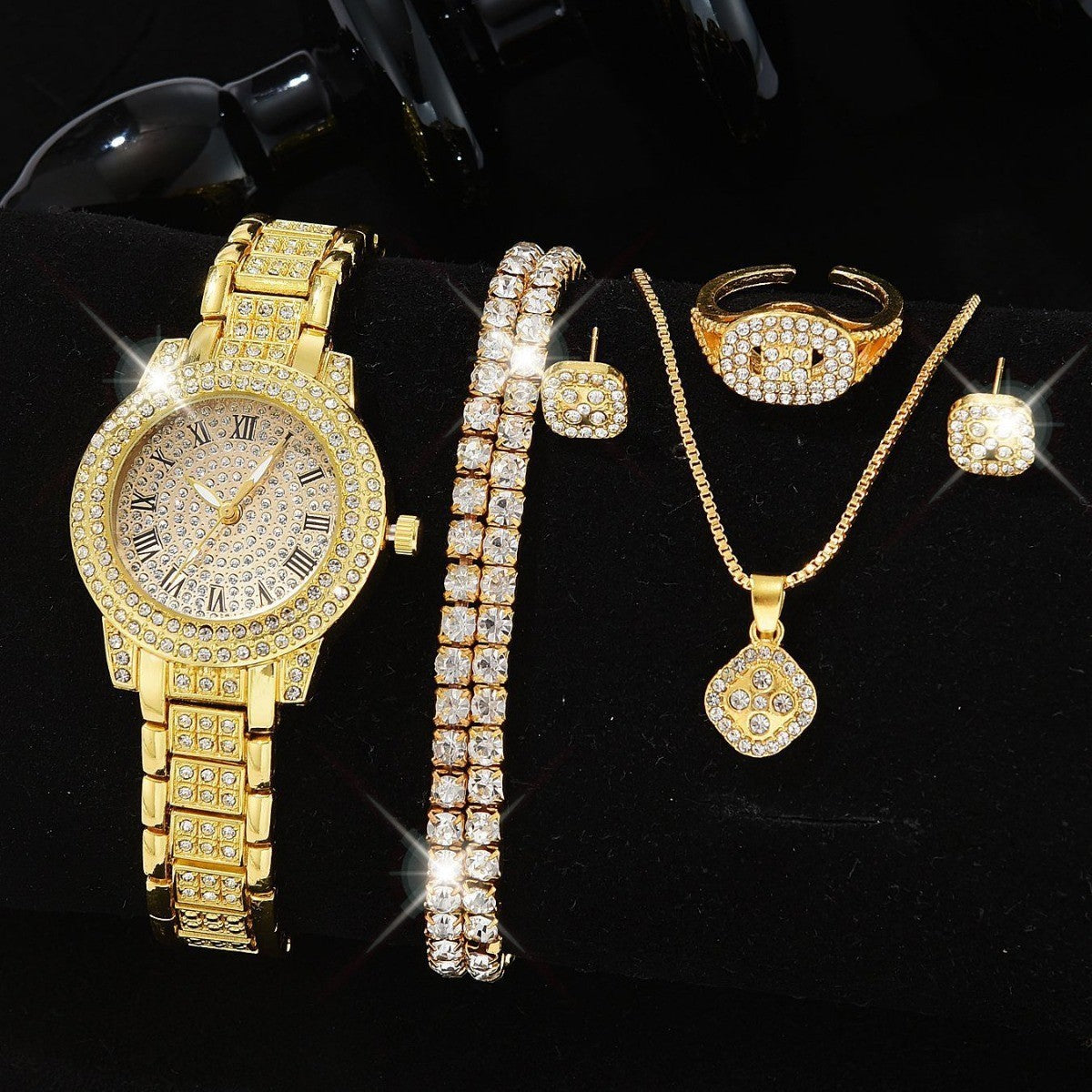 Luxury Full-Diamond Steel Quartz Watch – Roman Numerals, Hip-Hop Style Bracelet Set