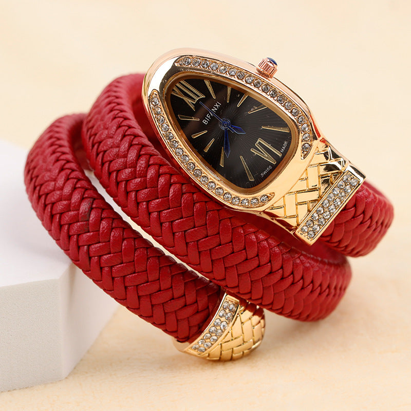 Women's Snake-Inspired Quartz Watch – Braided Leather Strap