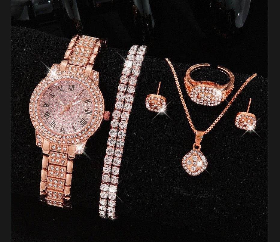 Luxury Full-Diamond Steel Quartz Watch – Roman Numerals, Hip-Hop Style Bracelet Set