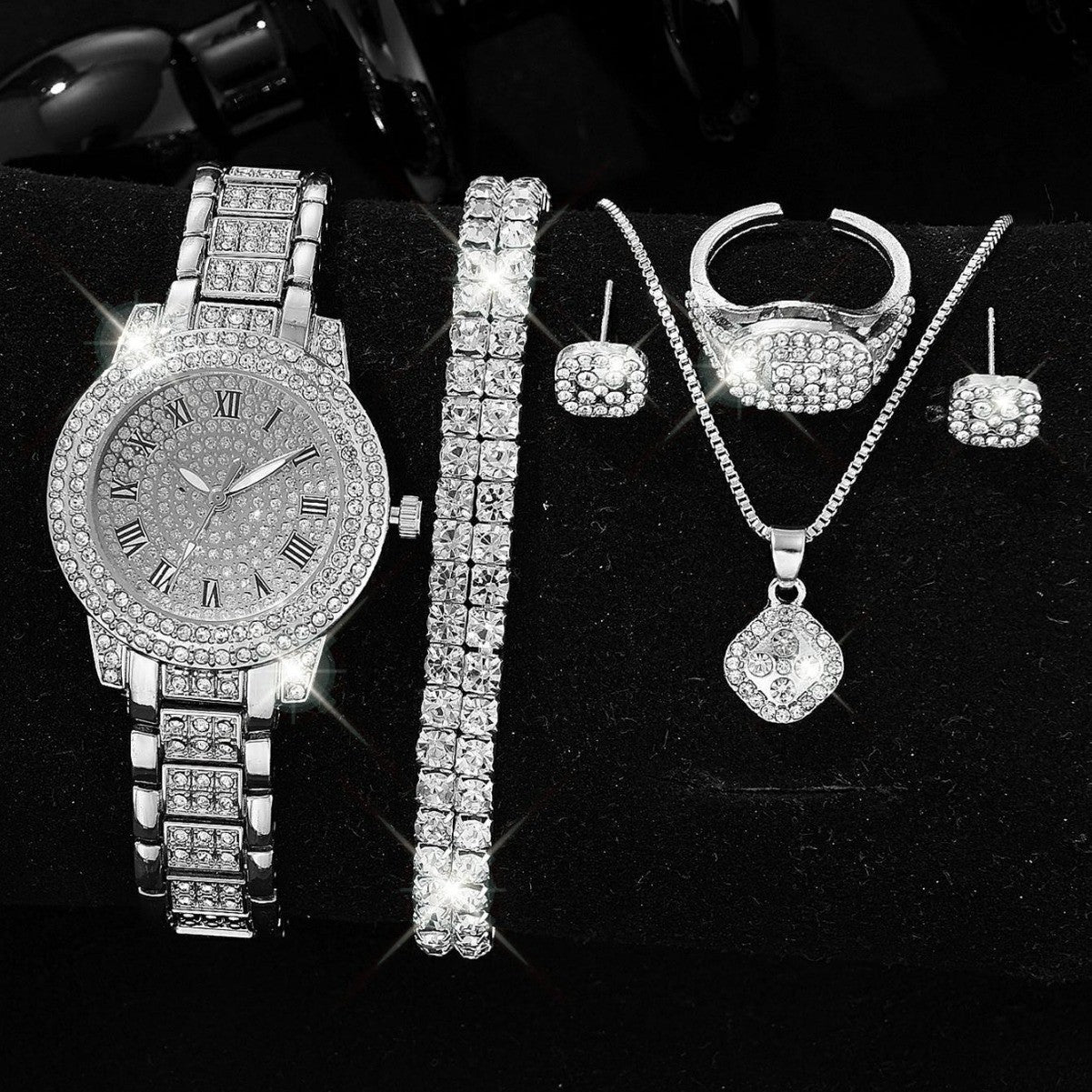 Luxury Full-Diamond Steel Quartz Watch – Roman Numerals, Hip-Hop Style Bracelet Set