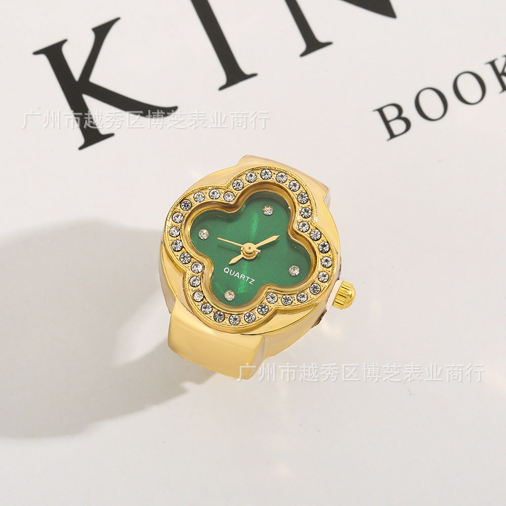 Luxury Four-Leaf Clover Ring Watch – Diamond Quartz Finger Watch