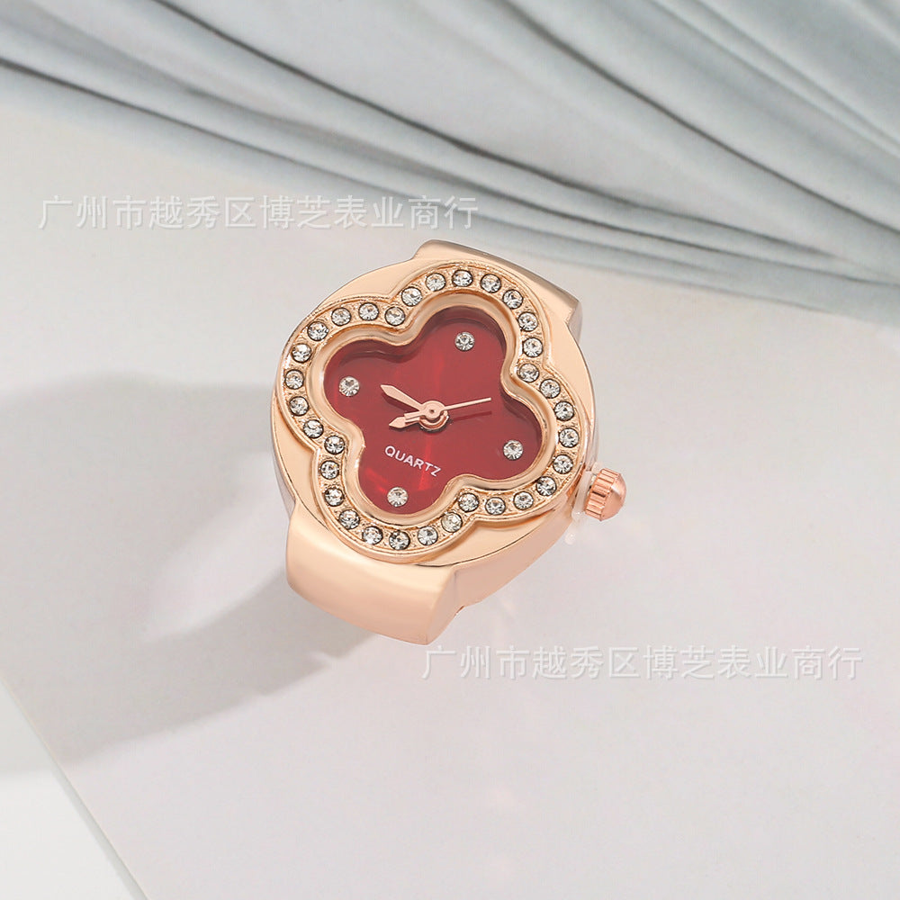 Luxury Four-Leaf Clover Ring Watch – Diamond Quartz Finger Watch