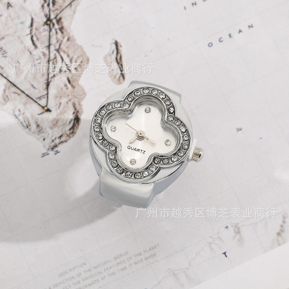 Luxury Four-Leaf Clover Ring Watch – Diamond Quartz Finger Watch