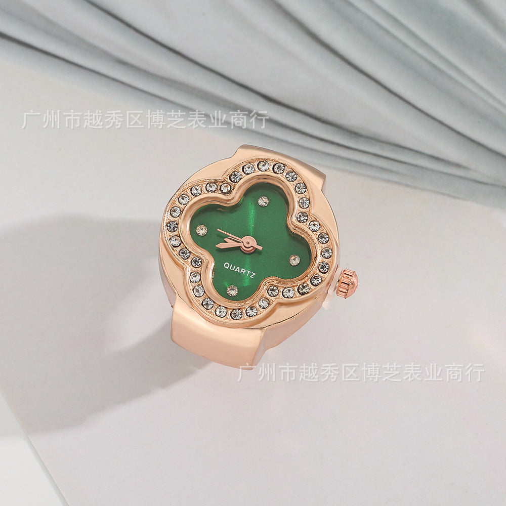 Luxury Four-Leaf Clover Ring Watch – Diamond Quartz Finger Watch