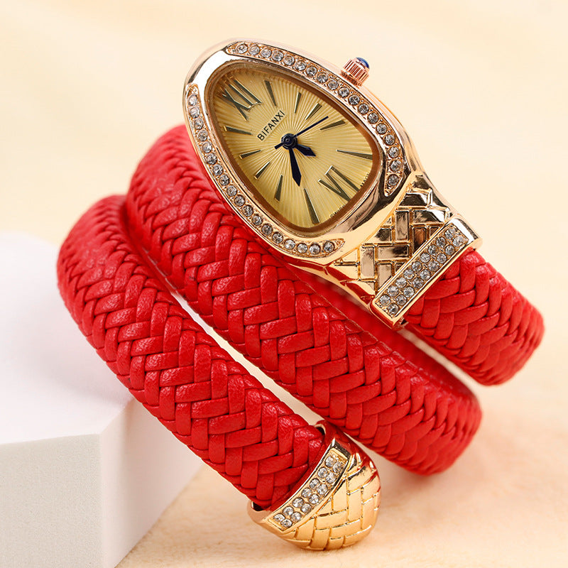 Women's Snake-Inspired Quartz Watch – Braided Leather Strap