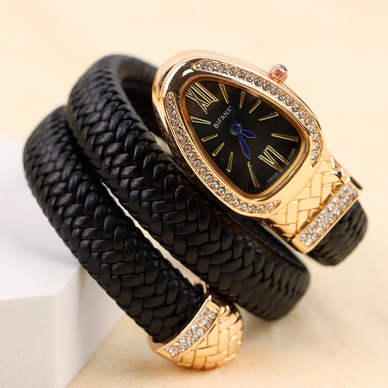 Women's Snake-Inspired Quartz Watch – Braided Leather Strap