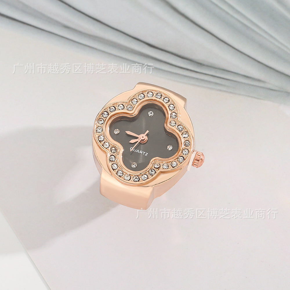 Luxury Four-Leaf Clover Ring Watch – Diamond Quartz Finger Watch