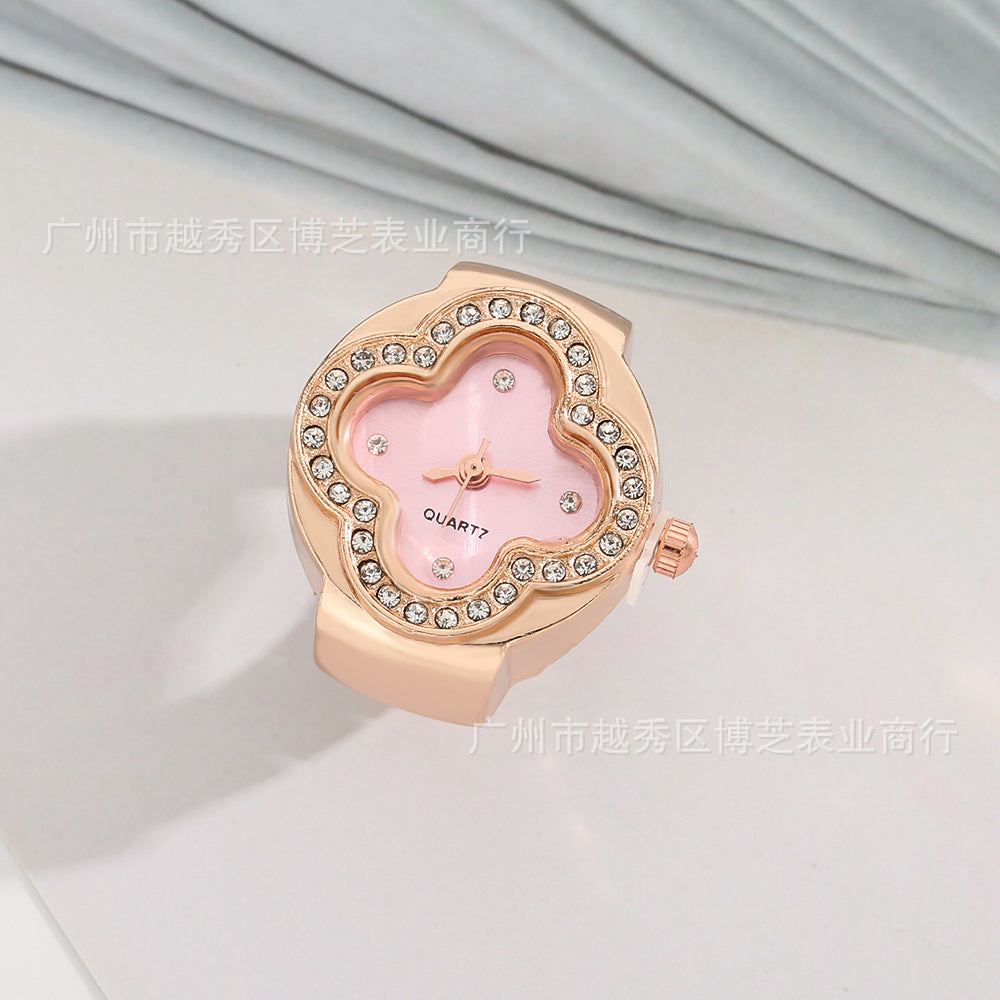 Luxury Four-Leaf Clover Ring Watch – Diamond Quartz Finger Watch