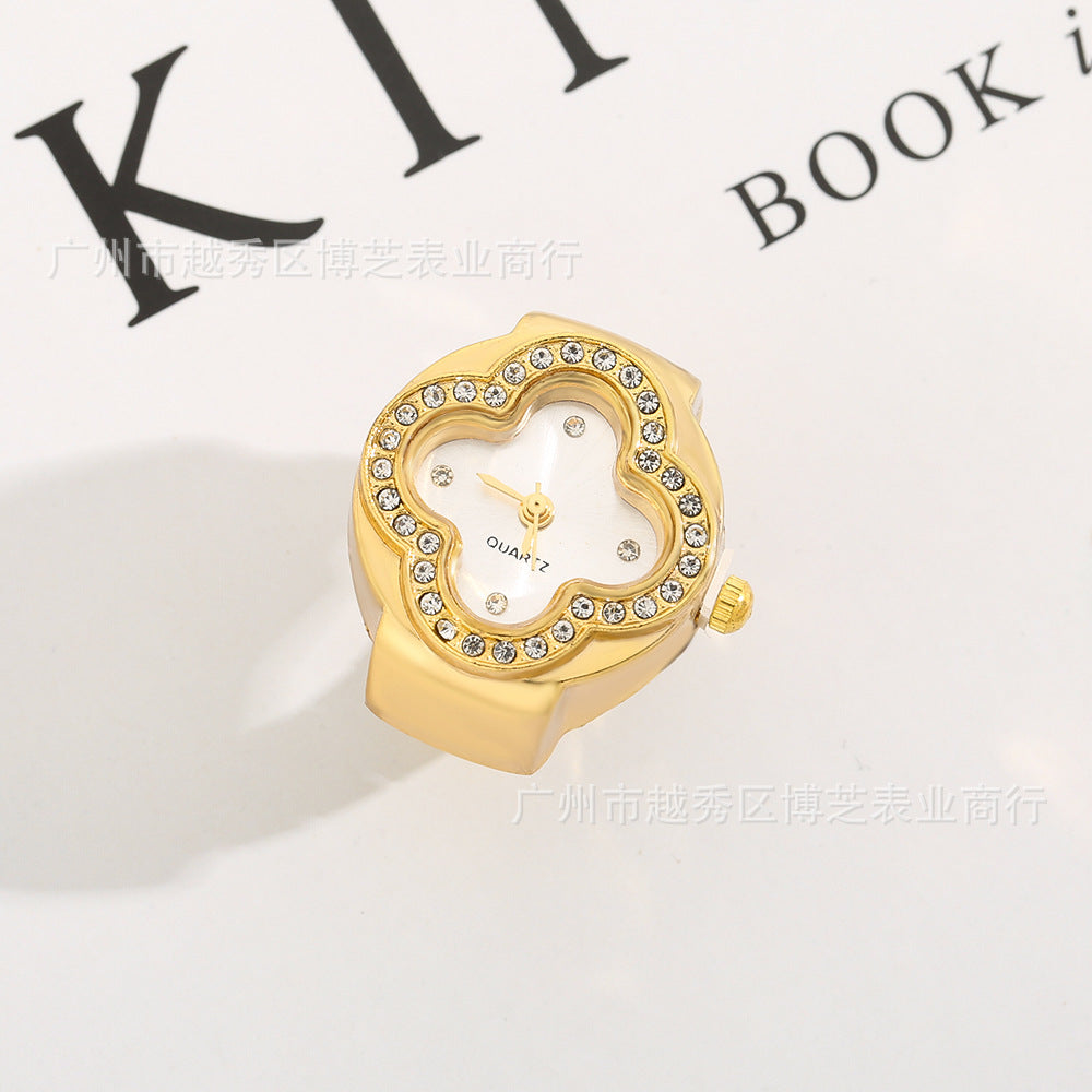Luxury Four-Leaf Clover Ring Watch – Diamond Quartz Finger Watch