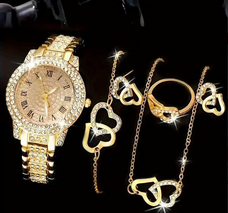 Luxury Full-Diamond Steel Quartz Watch – Roman Numerals, Hip-Hop Style Bracelet Set