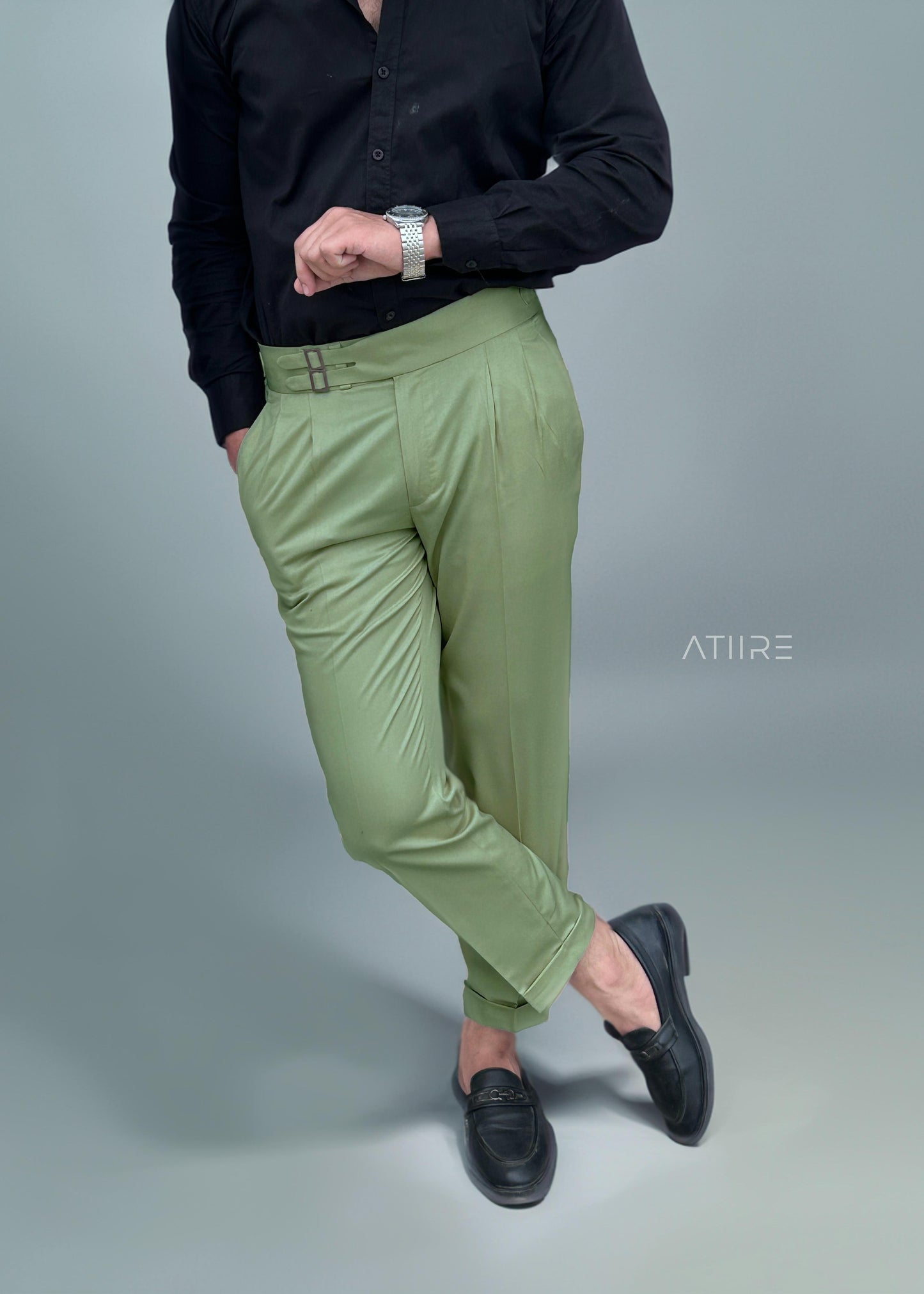 PISTA GREEN DOUBLE PLEATED BUCKLE GURKHA PANTS BY ATIIRE