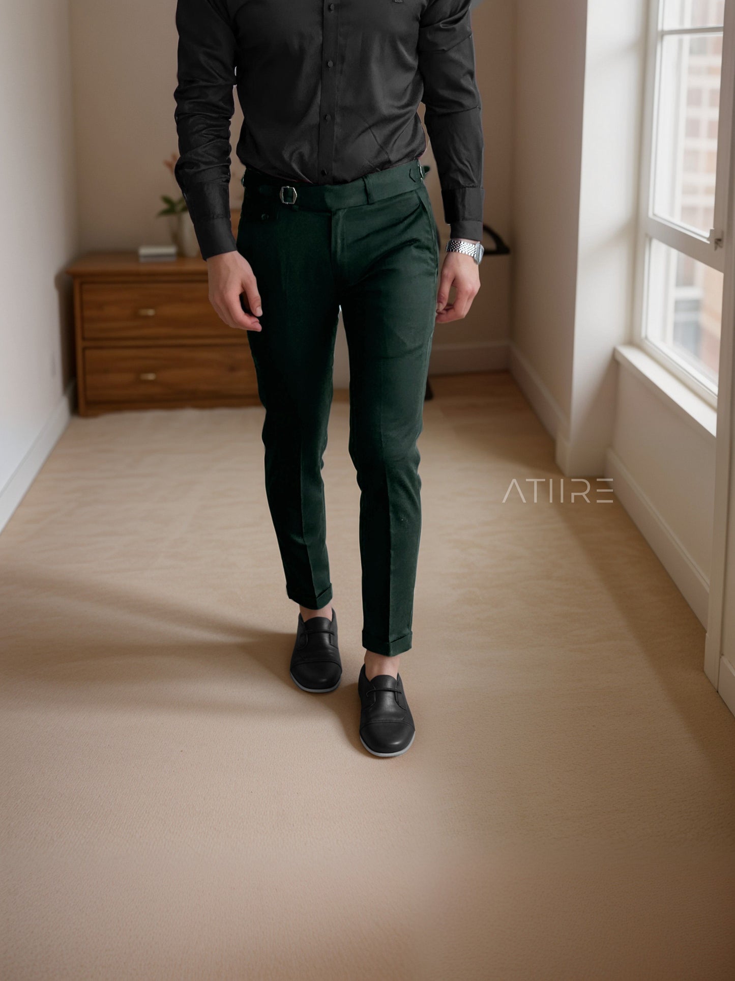 BOTTLE GREEN SINGLE PLEATED BUCKLE GURKHA PANTS BY ATIIRE