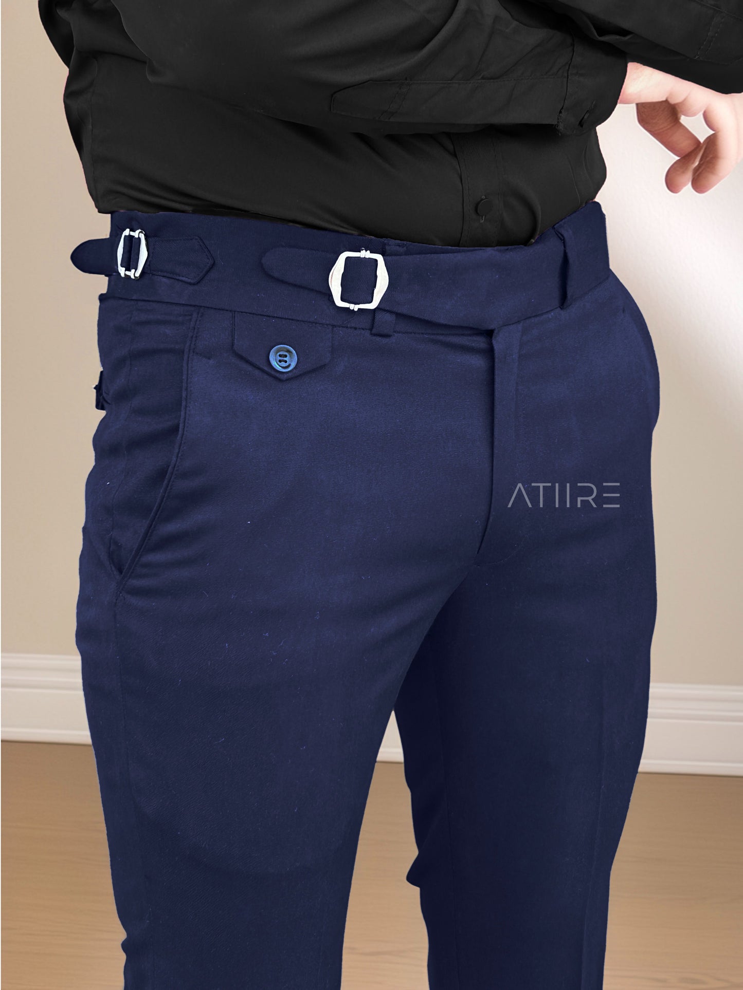 NAVY BLUE SINGLE PLEATED BUCKLE GURKHA PANTS BY ATIIRE