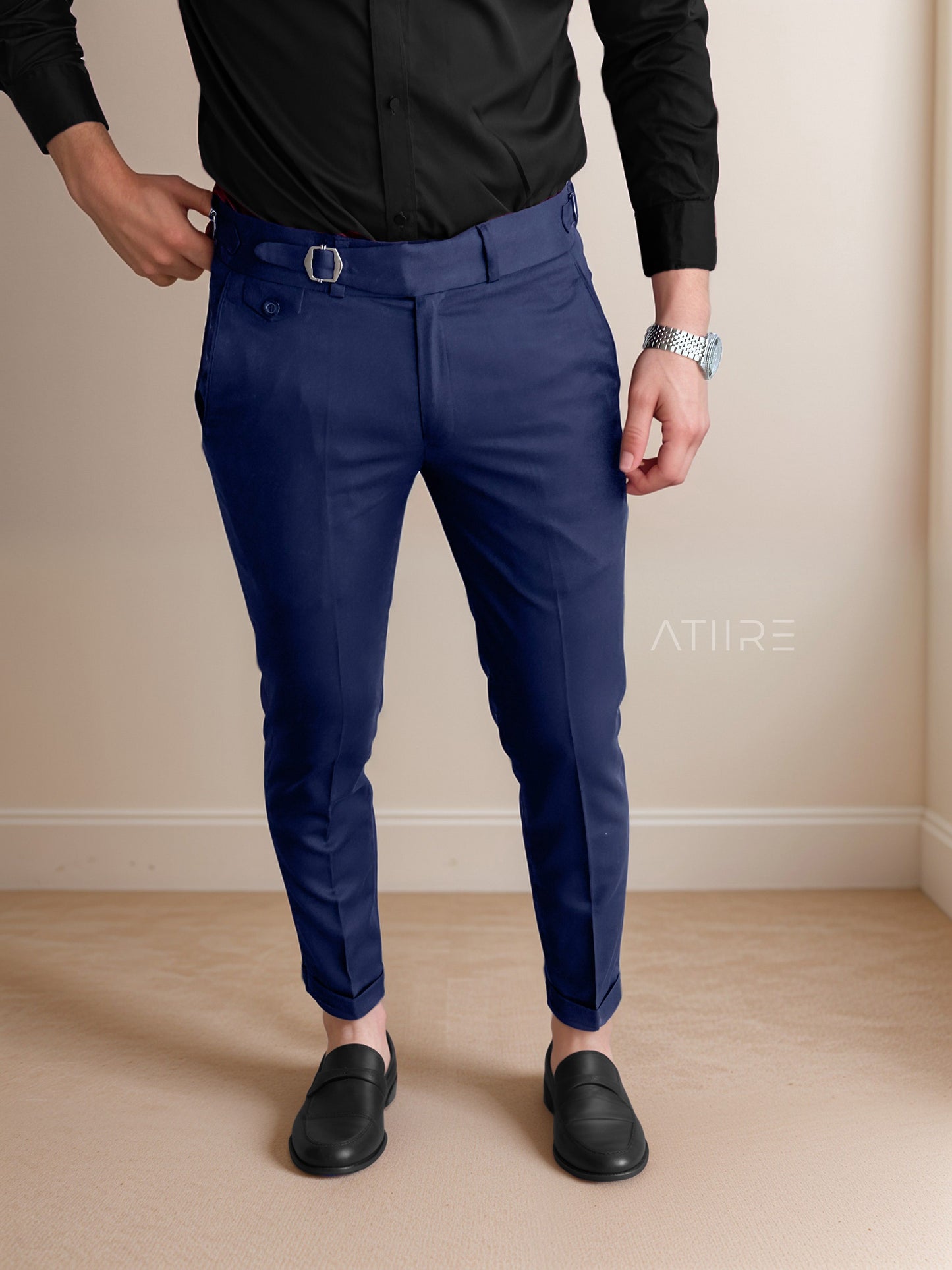 NAVY BLUE SINGLE PLEATED BUCKLE GURKHA PANTS BY ATIIRE