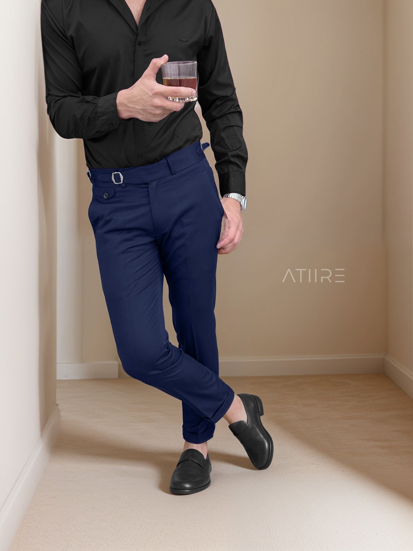 NAVY BLUE SINGLE PLEATED BUCKLE GURKHA PANTS BY ATIIRE