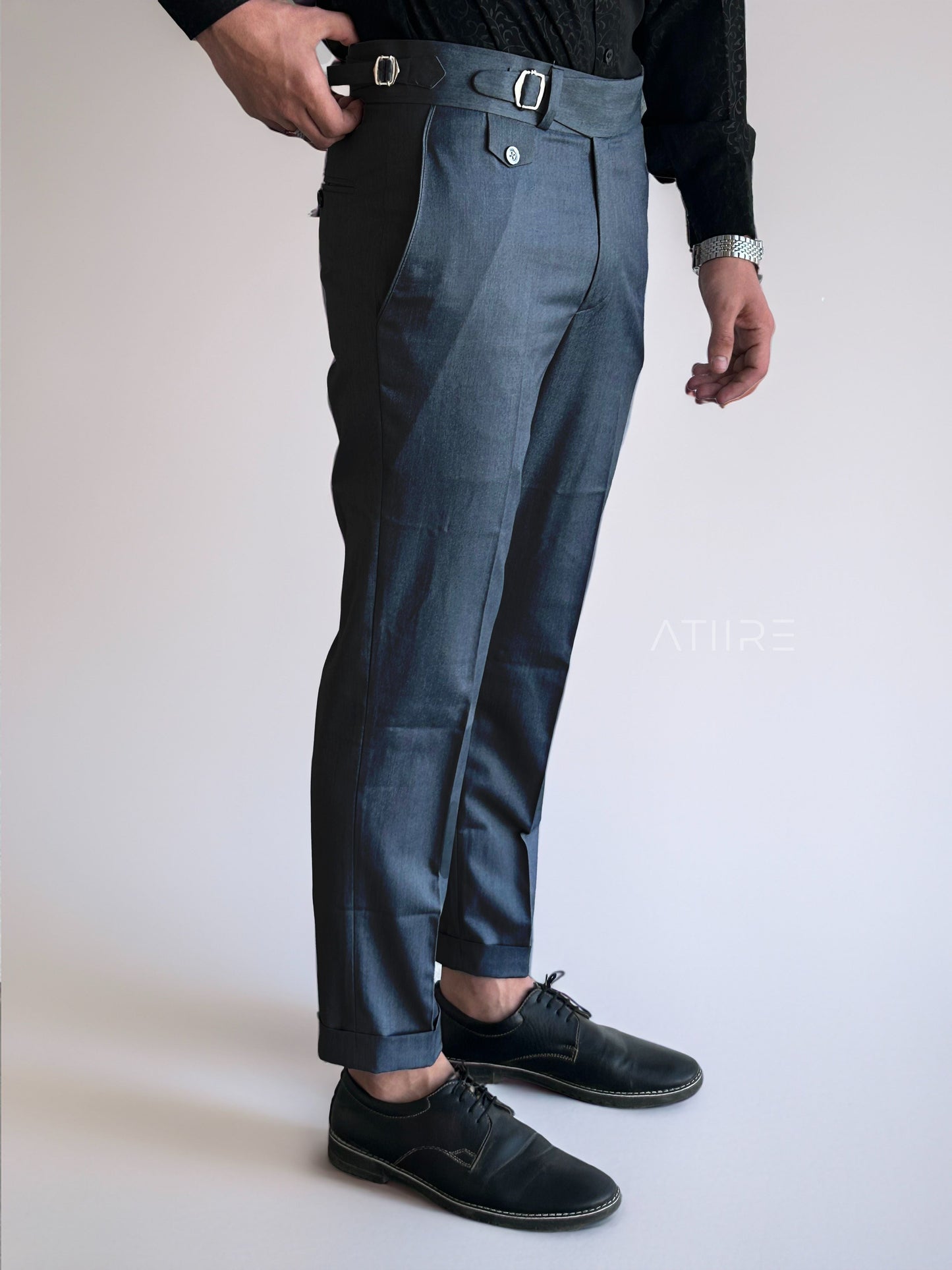 STONE GREY SINGLE PLEATED BUCKLE GURKHA PANTS BY ATIIRE