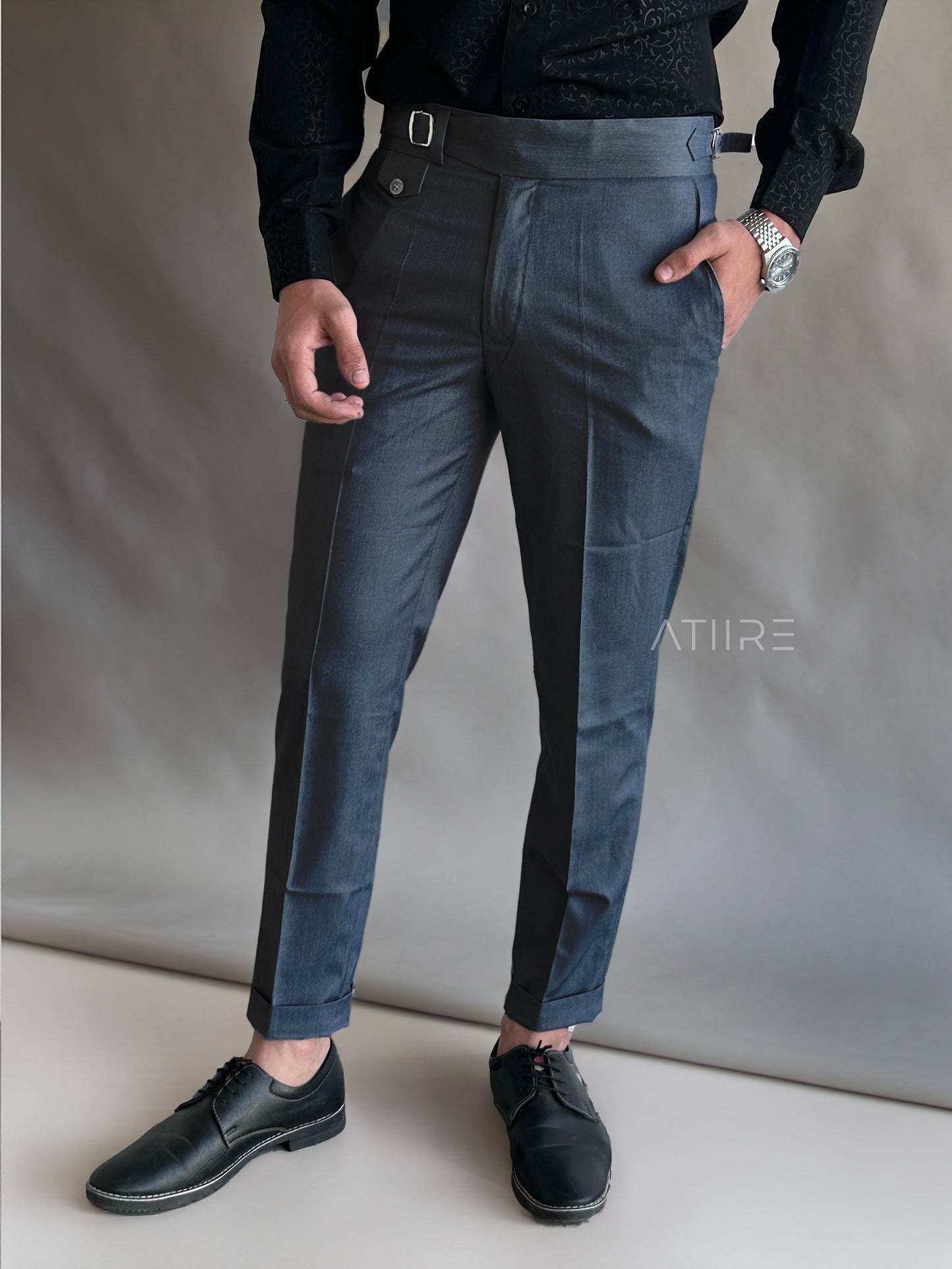 STONE GREY SINGLE PLEATED BUCKLE GURKHA PANTS BY ATIIRE