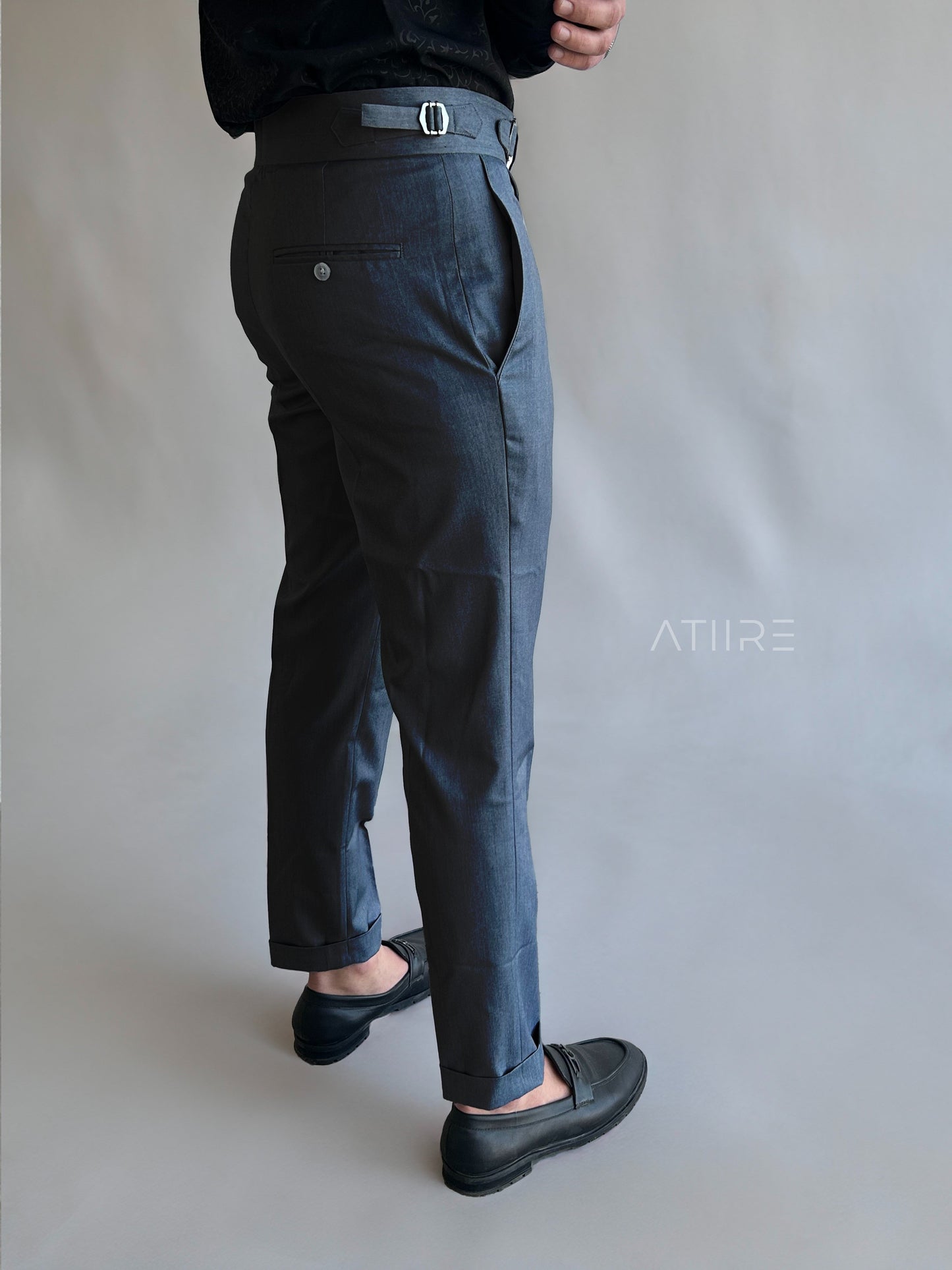 STONE GREY SINGLE PLEATED BUCKLE GURKHA PANTS BY ATIIRE