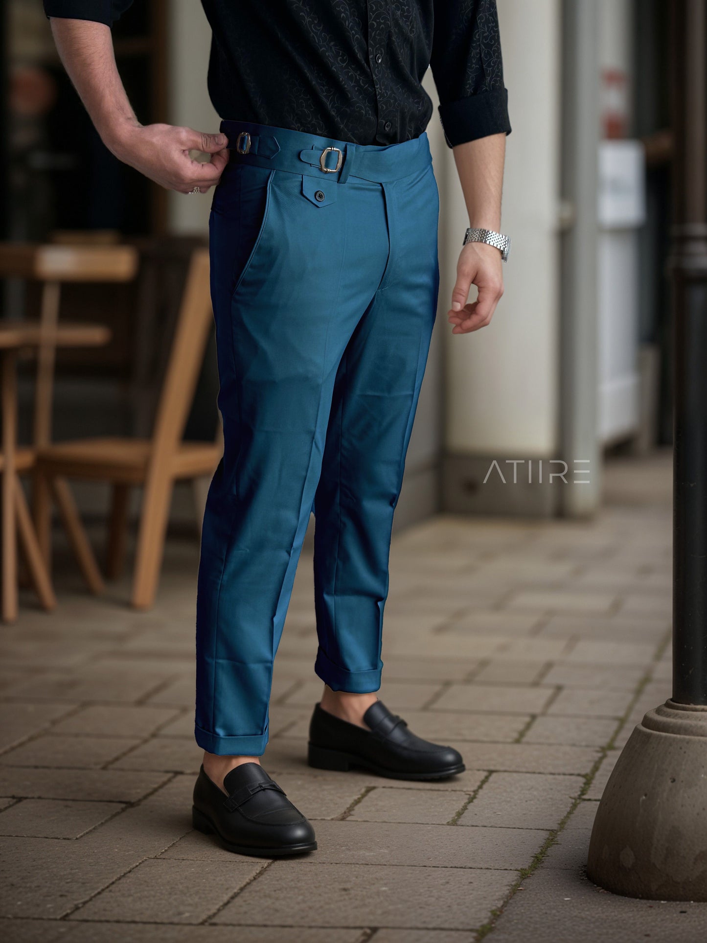 TEAL BLUE SINGLE PLEATED BUCKLE GURKHA PANTS BY ATIIRE