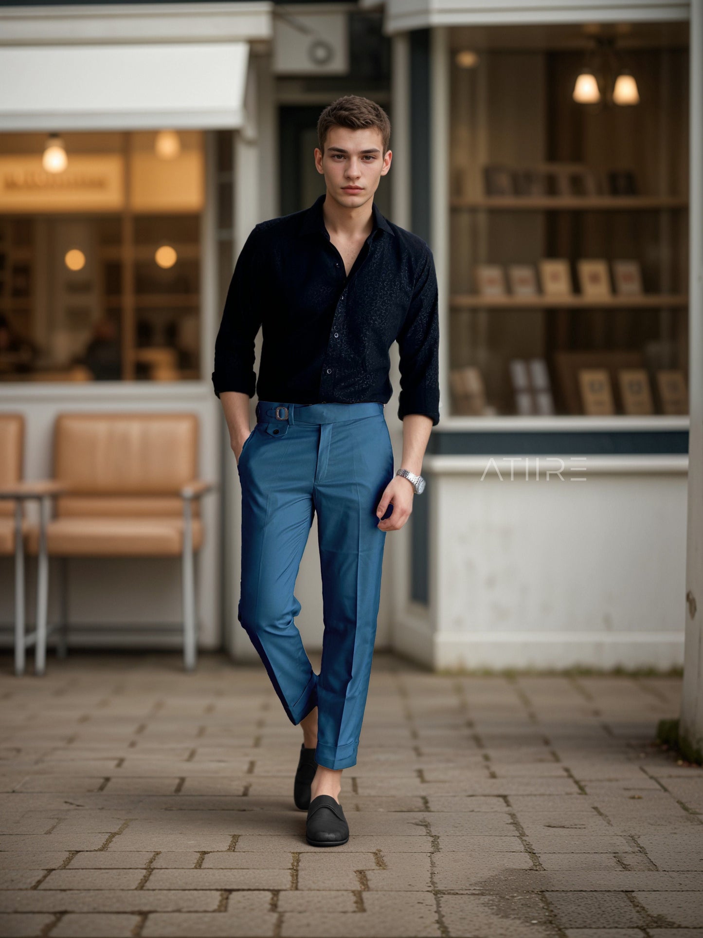 TEAL BLUE SINGLE PLEATED BUCKLE GURKHA PANTS BY ATIIRE