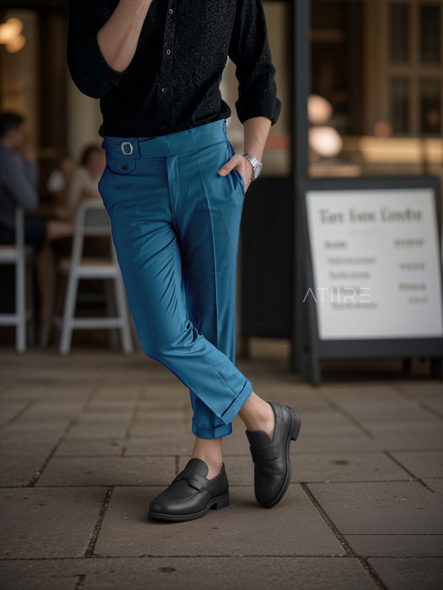TEAL BLUE SINGLE PLEATED BUCKLE GURKHA PANTS BY ATIIRE