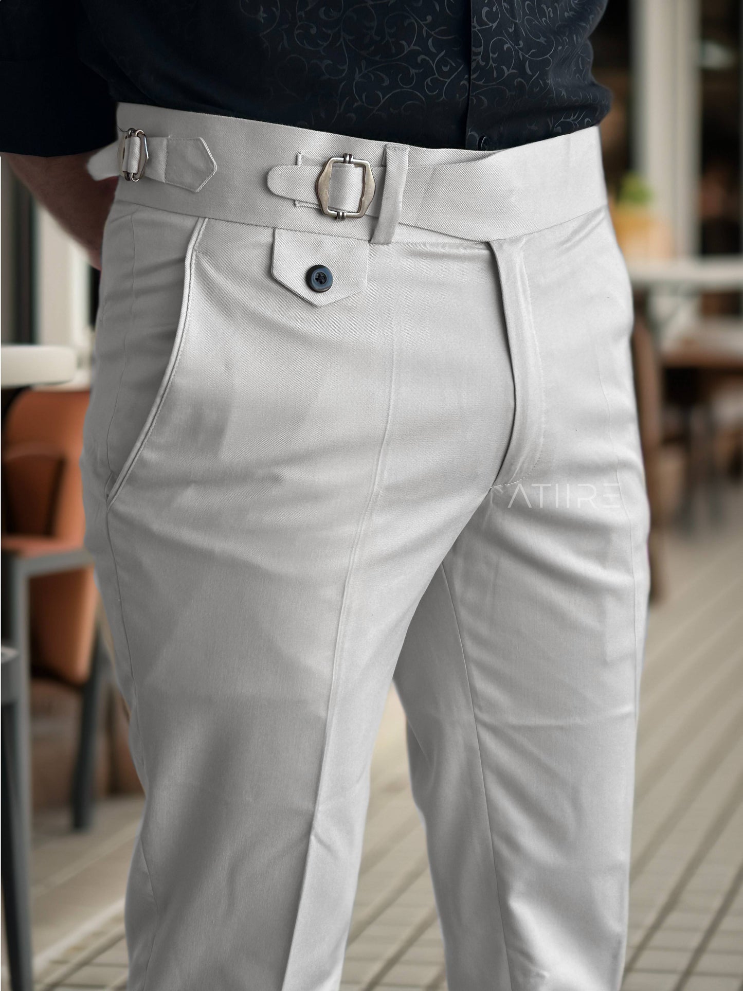 WHITE SINGLE PLEATED BUCKLE GURKHA PANTS BY ATIIRE