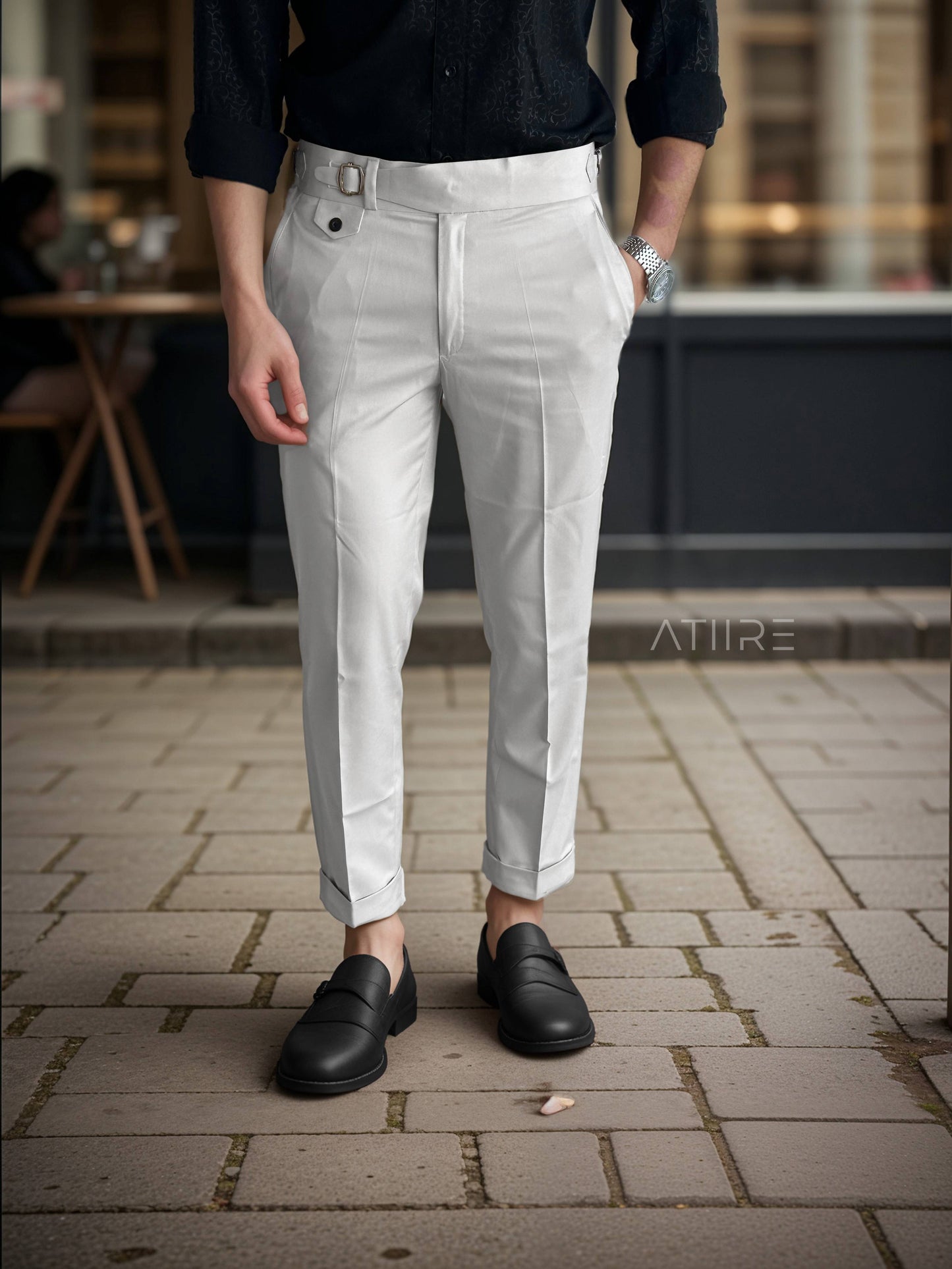 WHITE SINGLE PLEATED BUCKLE GURKHA PANTS BY ATIIRE