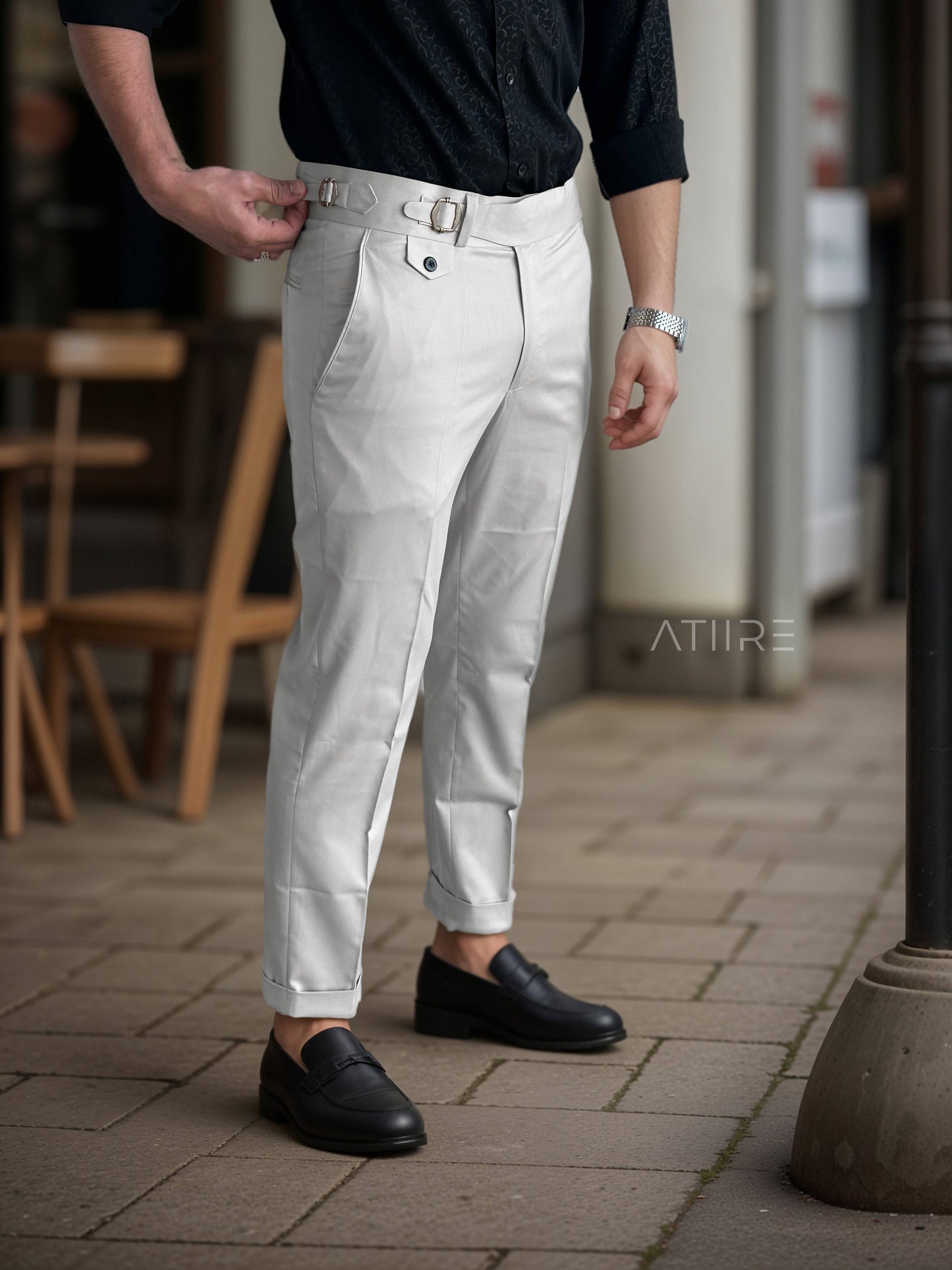 WHITE SINGLE PLEATED BUCKLE GURKHA PANTS BY ATIIRE