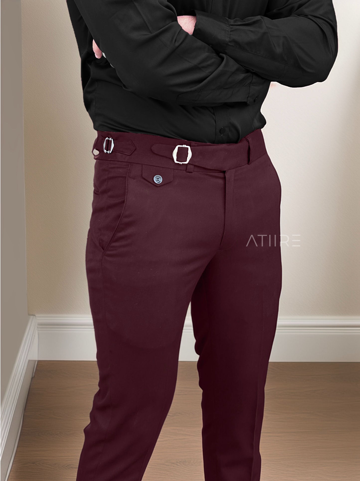WINE  SINGLE PLEATED BUCKLE GURKHA PANTS BY ATIIRE